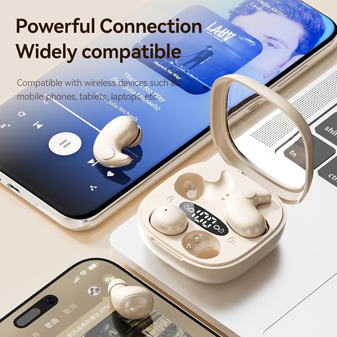 Flat Sleep Earbuds for Side Sleepers, Invisible Mini Earbuds for Small Ear Canals, Bluetooth 5.4, 66H Battery, Noise Blocking, Waterproof, LED Display for Sleep, Work & Travel(Black)