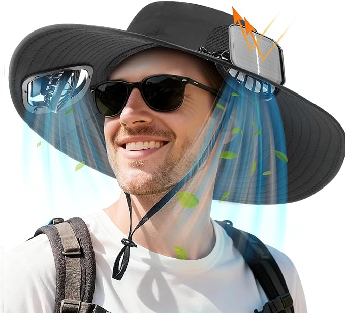 Berlune Sun Hat with 2 Solar Fan Wide Brim Fishing Bucket Hat USB & Solar for Men Women UPF 50+ Cooling for Fishing Beach