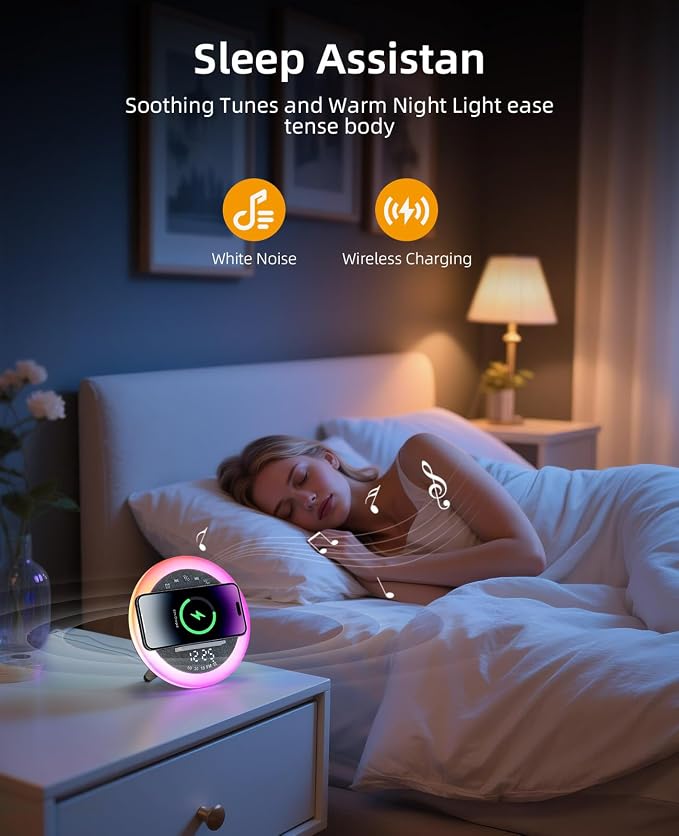 Alarm Clocks with 15W Wireless Charger, Bluetooth Desk Digital Speaker, Modern RGB Night Light Lamp with White Noise Sound for Teen Kids Girl Birthday