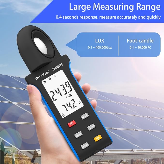 Illuminance Light Meter with Bluetooth 2PCS, HOLDPEAK Digital Lux Foot Candles Meter 0.1~400,000 Lux with 270º Rotating Sensor, Lumen Meter Luxmeter for Plants, Car Headlights, Home & Office LEDs