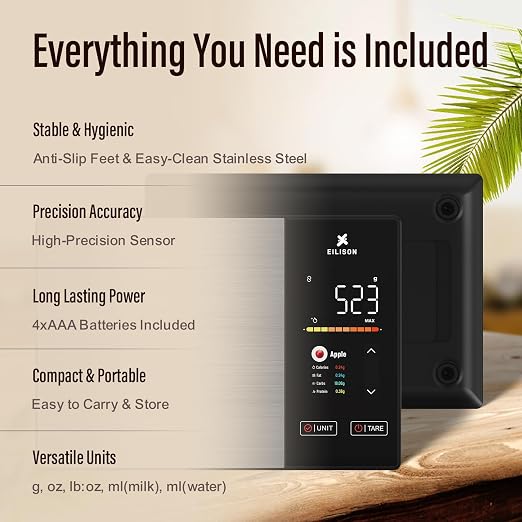 EILISON Smart Kitchen Scale with Nutrition Calculator, Digital Food Scale, Large TFT Color Display, Bluetooth App for 999+ Foods, Calorie Counter & 24 Nutrients Analyzer, 5000g Capacity (Black)
