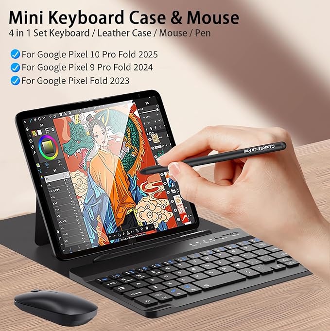for Google Pixel 10 9 Pro Fold Keyboard and Mouse, Portable Mini Bluetooth Keyboard with Leather Case and Pen, 4 in 1 Travel Set for Pixel 10 Pro Fold Accessories/Motorola Razr Fold 2026