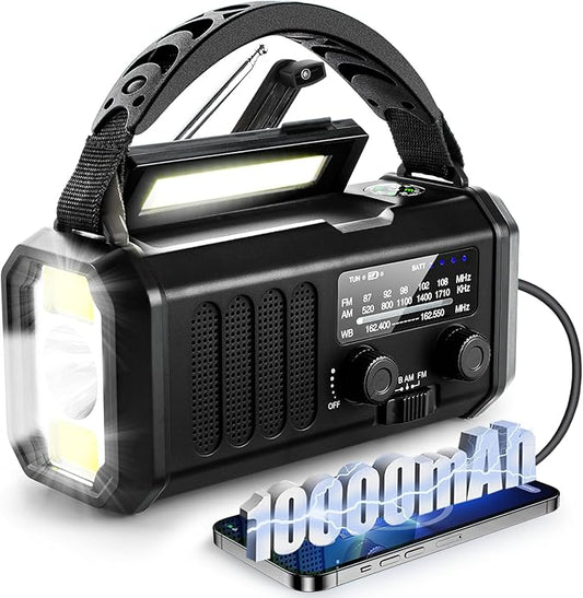 10000mAh Emergency Weather Radio,Portable FM/AM/NOAA Battery Powered Survival Radios&Power Bank,Solar/Hand Crank/Type-C Charger,Flashlight,Reading Lamp,Compass,SOS Alert,Outdoor Camping&Power Outages