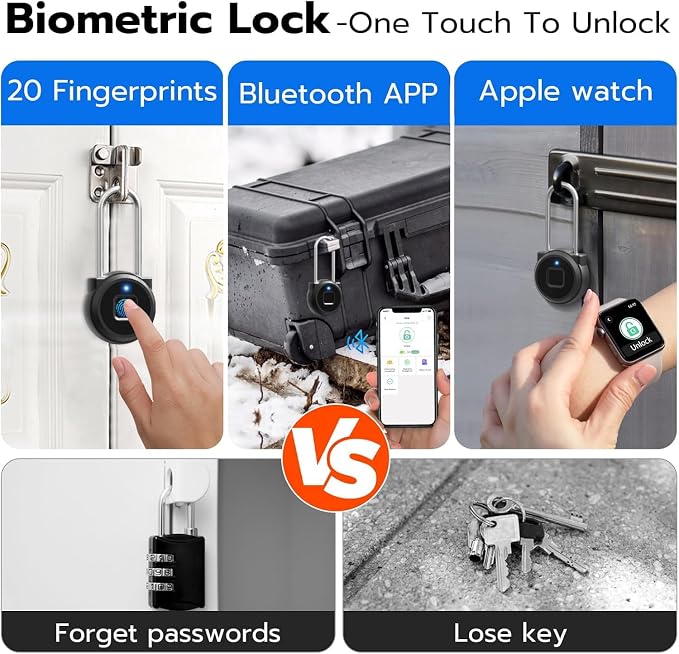 Fingerprint Padlock eLinkSmart Long Padlock with 45MM Shackle Phone App Bluetooth Weatherproof Combination Locker Lock for Gym Locker Locker Backpack Suitcase Luggage Black