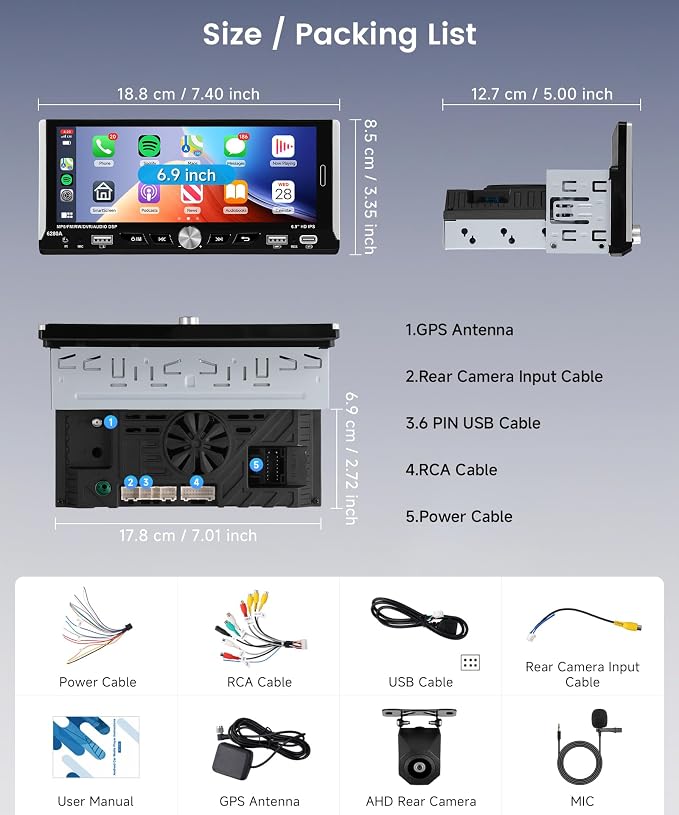 2G+64G Android Single Din Car Radio Stereo, Wireless CarPlay Android Auto, 5G WiFi GPS, 6.9 inch IPS HD Touchscreen Radio, Bluetooth DSP, AHD Backup Camera, FM/RDS SWC, USB Type-C Charging
