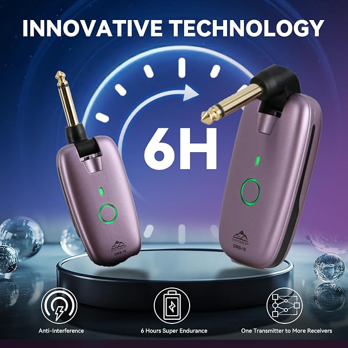 EASTROCK Wireless Guitar System, Guitar Transmitter & Receiver for Electric Guitar, Bass, Keyboard & More Instruments, 7-Channel Rechargeable, 6H Battery, 1/4” & 1/8” Plugs,Purple
