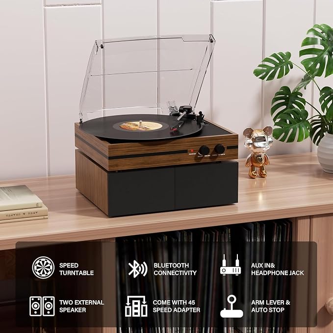 Vinyl Record Player with Dual Stereo Bookshelf Speakers Vintage Belt Drive Bluetooth Turntable with External Speakers,Convert Vinyl to MP3,LP Players AUX Headphone Input RCA Out