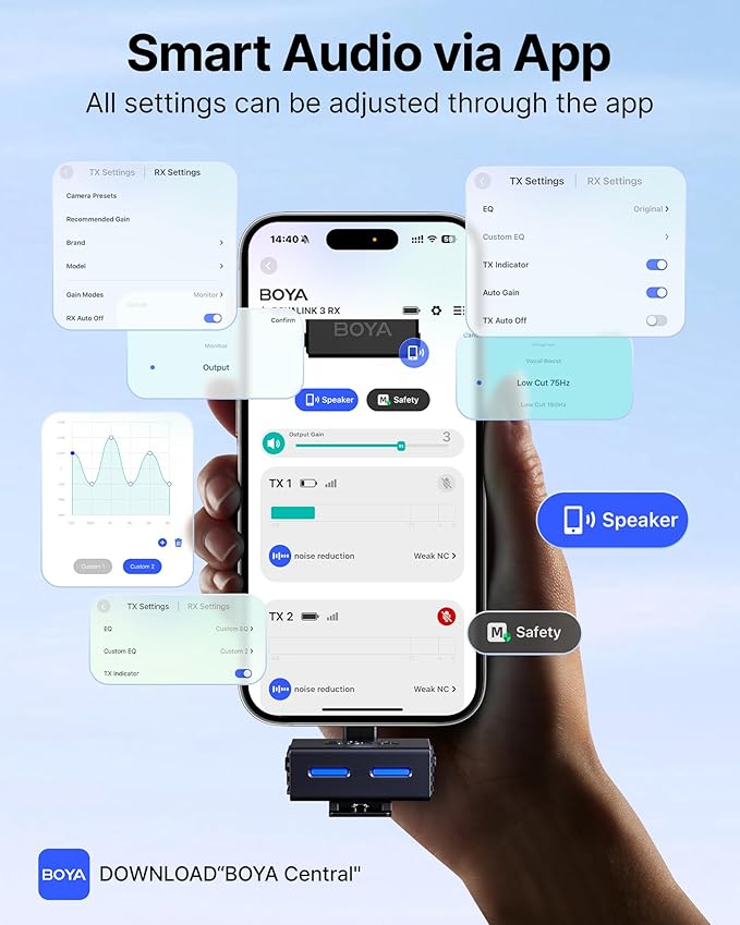 BOYA BOYALINK 3 Wireless Lavalier Mini Microphones for iPhone 15-16/Android/PC/Camera,AI Noise Cancellation,48kHz/24Bit Studio Sound,APP Control,984ft 30h Battery with Charging Case for Vlog Interview