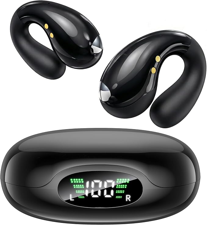 Upgraded Ultra Open Ear Earbuds - Lightweight Comfort Clip-On Wireless Bone Conduction Earbuds, Secure Fit & AI-Powered Clear Calls Bluetooth Open Ear Headphones for Work,Commute,Workout, Black