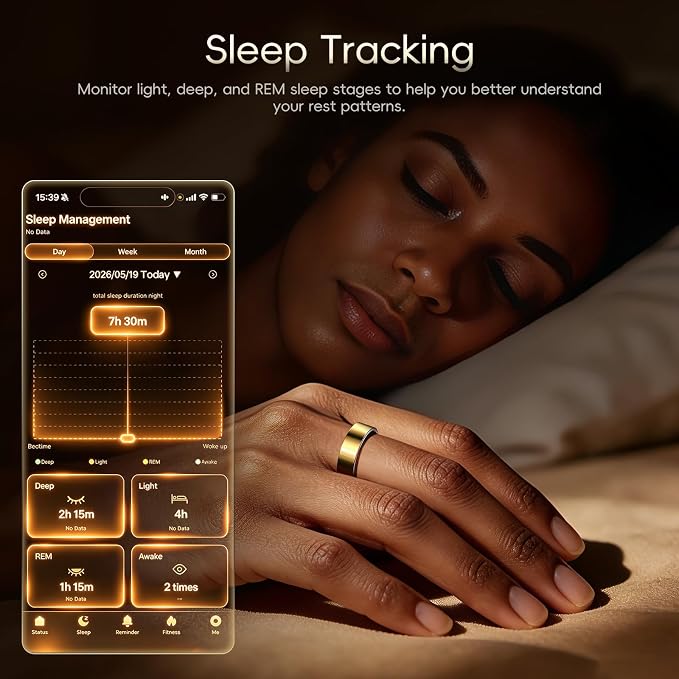 RQZ Smart Ring Fitness Tracker for Men Women, Sleep & Heart Rate Monitor, Step Counter with Vibration Alert, 5 ATM Waterproof, Compatible with iOS & Android Gold Size 13