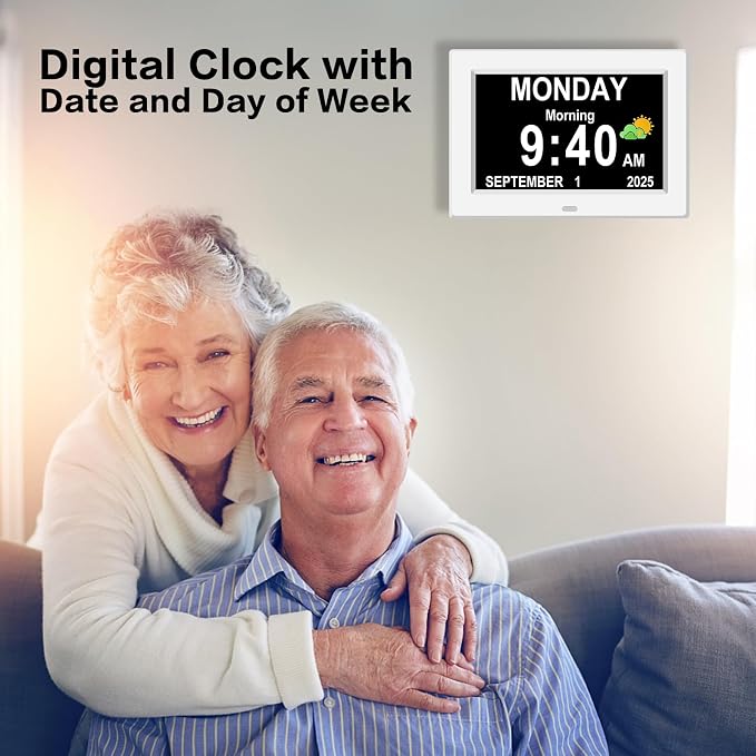 DIWAKREM 7'' Large Display Digital Clock for Seniors, Digital Calendar Alarm Clock for Elderly Clock with Date Day of Week 12 Alarms 4 Colors Desk Wall Clocks for Alzheimers Dementia Auto DST/Dimmer