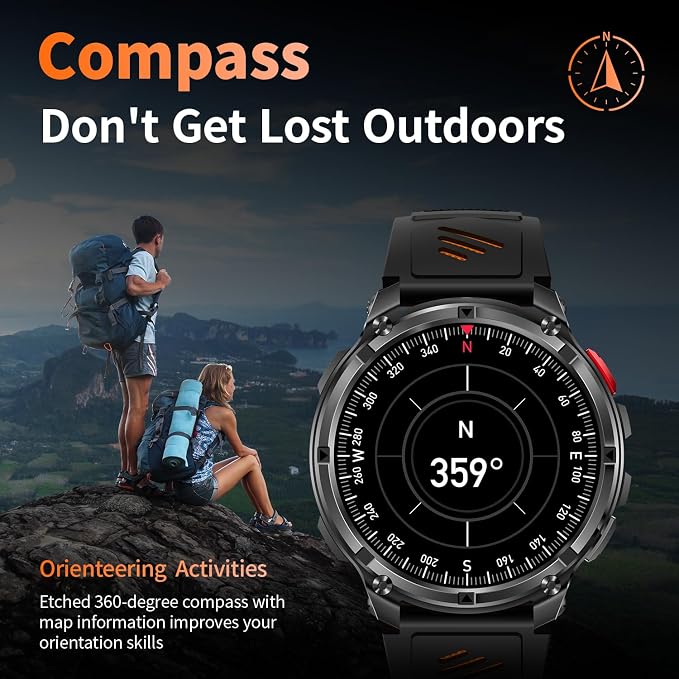 Military Smartwatch for Men with Compass & Flashlight, Rugged Smart Watch with Bluetooth Calling, Outdoor Fitness Tracker with Heart Rate Sleep Monitor, 100+ Sport Modes Waterproof for Android iPhone