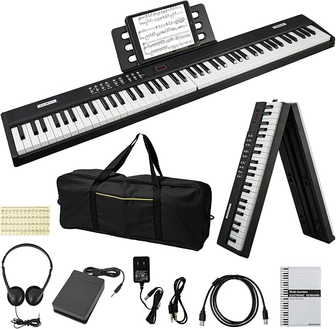 Foldable Piano Keyboard 88 Keys, Full Size Portable Digital Piano with Semi Weighted Keys, Electric Piano Keyboard with Sustain Pedal, Carry Bag and Headphones for Beginners Adults