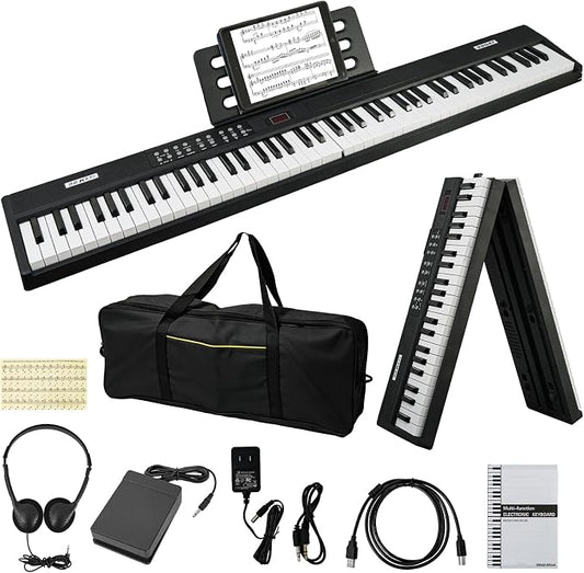 Foldable Piano Keyboard 88 Keys, Full Size Portable Digital Piano with Semi Weighted Keys, Electric Piano Keyboard with Sustain Pedal, Carry Bag and Headphones for Beginners Adults
