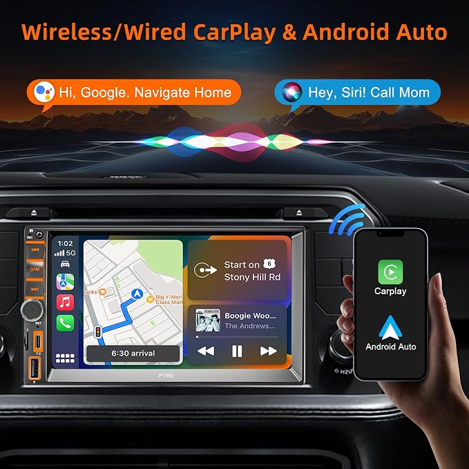 7" Wireless Double Din Car Stereo Carplay Radio Screen for Car Audio Receivers, Car Stereo with Backup Camera, Car Play Android Auto Touchscreen, Mirror Link, Bluetooth, AM/FM, Type-C