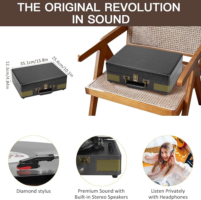 Retrolife Record Player 3 Speed Bluetooth Portable Suitcase Vinyl Player with Built-in Speakers Turntable Enhanced Audio Sound PU Leather Vintage