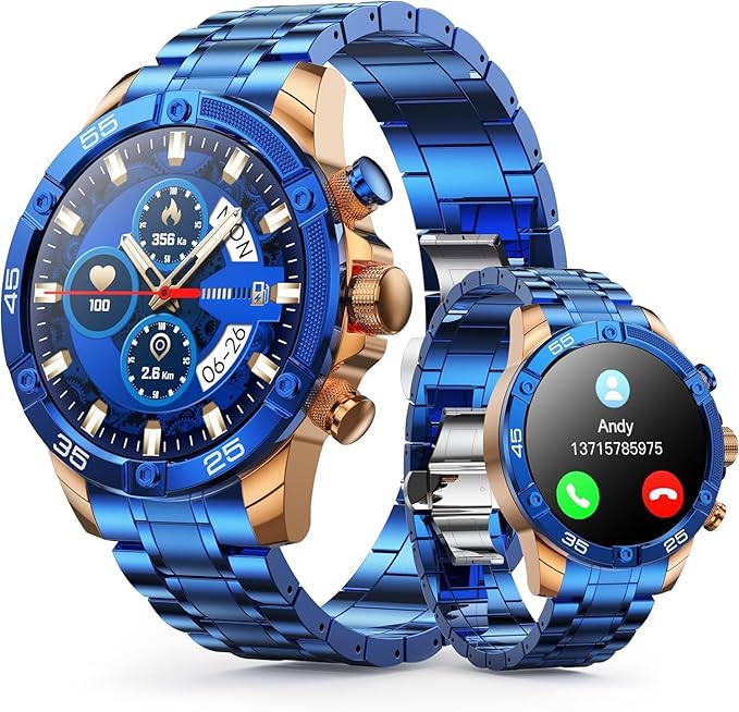 Men's Smart Watch Round HD 1.53" Gold Blue Smart Watches for Men, Multiple Sports Modes, Bluetooth Voice Call. Available for iOS and Android (Blue Steel)