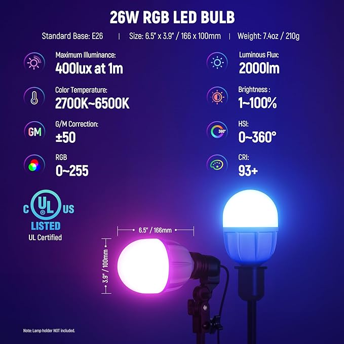 NEEWER Photography RGB LED Light Bulb 2 Pack, App Control 26W FCC/IC/UL Certified LED Bulb with 9 Effects, 400lux/m 2700K-6500K CRI93+ TLCI98+, E26 Base for Studio Softbox Lighting Kit, T100C
