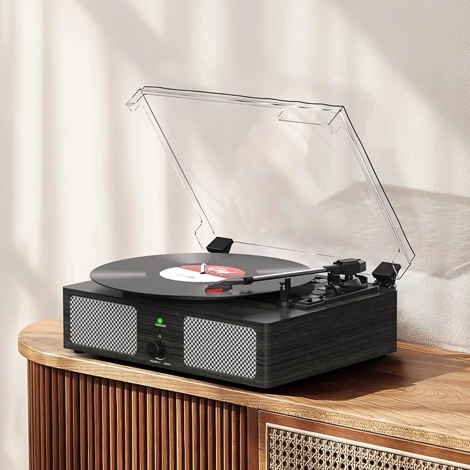 Vinyl Record Player Wireless Turntable with Built-in Speakers and USB Belt-Driven Vintage Phonograph Record Player 3 Speed for Entertainment and Home Decoration Black