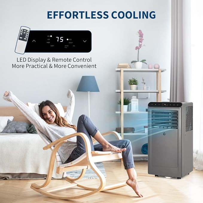 10000 BTU Portable Air Conditioners, 4-In-1 Portable AC Unit for Rooms Up to 450 Sq. Ft, Dehumidifier, Fan, Energy Saving, Remote Control, 24 Hour Timer, Sleep Mode, for Bedroom/Office,Grey