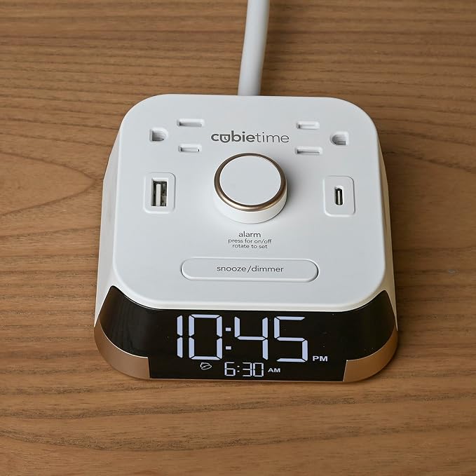 Brandstand | CubieTime White | User Friendly & Convenient Charging Alarm Clock | 1 USB-A and 1 USB-C | 2 Tamper Resistant Outlets | Safety Tested- Meets UL Standards