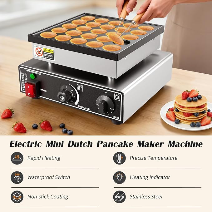 Baotree 25PCS Commercial Mini Dutch Pancake Maker, 110V 950W Mini Dutch Pancake Maker, 1.77 Inches Pancake Maker with 2 Thermostats & 2 Timers Separate Control, for Home and Restaurants