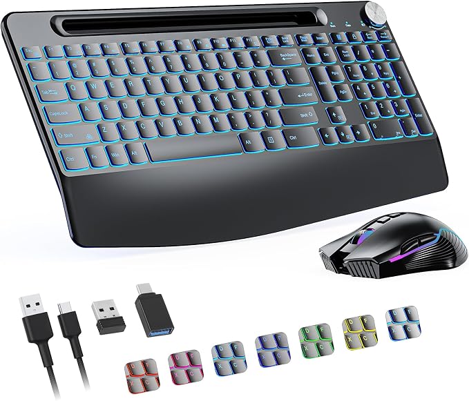 2.4G Wireless Keyboard with Mouse, Backlit Wireless Keyboard Mouse Combo,Rechargeable,with 7 Colored Backlits &Phone Holder &Wrist Rest &jiggler Mouse.Lighted up Full Size for Mac Windows Laptop PC
