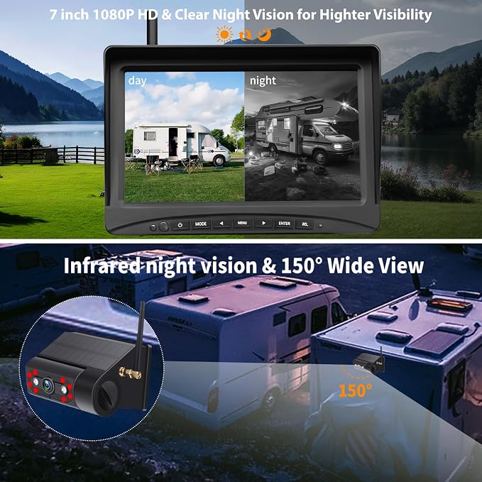Solar Magnetic Wireless Backup Camera, 7 Inch Portable Installation RV Backup Camera, 1080P HD Rear View Camera, Rechargeable 7'' Monitor Kit for Car, IR Night Vision, 150° Wide Angle, DIY Guide Lines