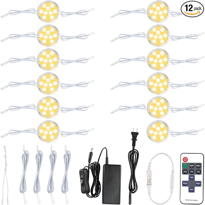 Curio Under Counter Lighting Hardwired, Linkable and Wireless Remote Control Dimmable Round LED Puck Lights Kit, 120V Wired Over Cabinet Kitchen Lighting Fixture, 12 Lights, Warm White