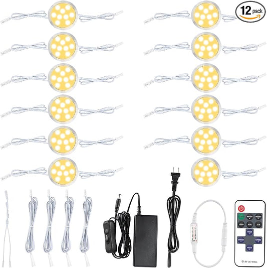Curio Under Counter Lighting Hardwired, Linkable and Wireless Remote Control Dimmable Round LED Puck Lights Kit, 120V Wired Over Cabinet Kitchen Lighting Fixture, 12 Lights, Warm White