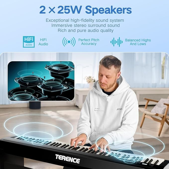 TERENCE P50 88 Key Weighted Keyboard Full Size Weighted Keyboard Piano 88 Keys with 2 * 25W Stereo Speakers,Digital Keyboard with Bluetooth,MIDI,Pedal,Audio/Video Recording,for Beginners and Advances