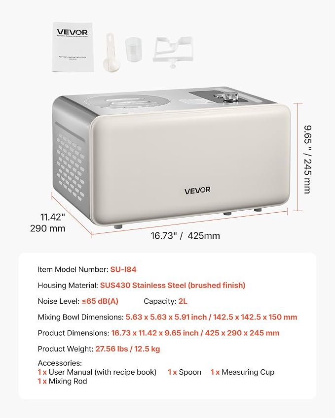 VEVOR Automatic Ice Cream Maker with Built-in Compressor, 2 Quart No Pre-freezing Gelato Maker, Electric Sorbet-Maker, 3 Modes Compressor Ice Cream Machine for Home Kitchen