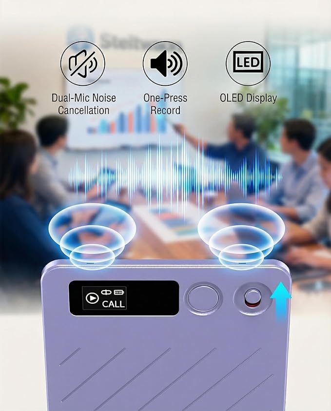 AI Voice Recorder with Transcription, 64GB, 152 Languages, Dual Mics | GPT-5 powered transcription, 64GB storage, 152-language support, dual noise-cancelling microphones