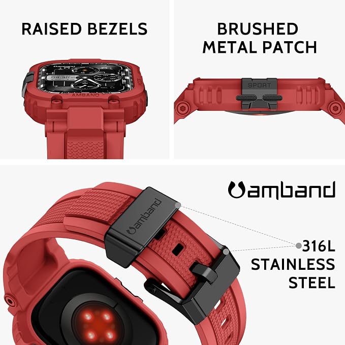 amBand Compatible with Apple Watch Series 11/10 42mm Bands Case for Men Women, M1 Sport Rugged Heavy Duty Protective Cover Tactical Strap Military Protector Bumper for iWatch Accessories - Mars Red