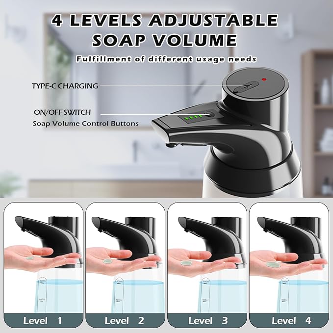 2 Pack Automatic Liquid Soap Dispenser Touchless,Black 4-Level Adjustable Modern Type-C Rechargeable Electric Sensor Soap Dispenser,Hand Sanitizer Dispenser for Kitchen