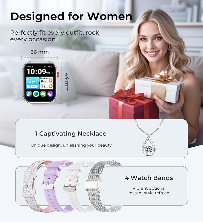 Iaret Smart Watch for Women, 1.83" HD Fitness Tracker with 4 Bands, Answer/Make Calls, Heart Rate/Sleep/SpO2/Step Tracking, 100+ Sport Modes, Android/iPhone Compatible Gift (Silver)