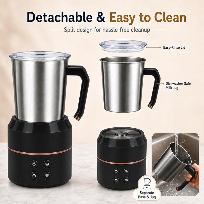Electric Milk Frother 8.5oz, 4-in-1 Automatic Milk Steamer for Coffee, Latte, Cappuccino, Detachable Stainless Steel Cup, Dishwasher Safe, Magnetic Whisk, Precise Spout for Latte Art, (Black)