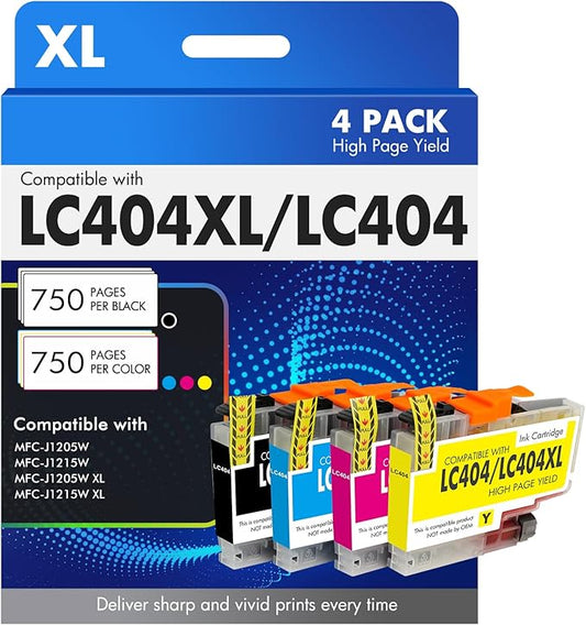 LC404 MFC-J1205W Ink Cartridges for Brother Printer LC404XL 404XL LC 404 XL Ink for MFC-J1205W MFC-J1215W MFC J1205W J1215W Printer (4 Pack, Black Cyan Magenta Yellow)