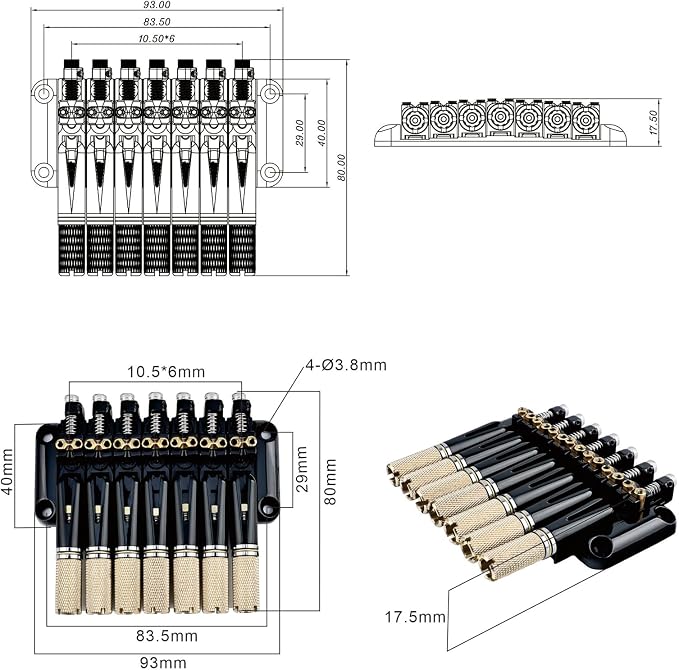 Headless 7-String Guitar Bridge 10.5mm Fixed Bridge -Brass Saddles Zinc Alloy Plate, Stable Intonation，Easy Installation/Adjustment, Fits Most 7-String Headless Guitars （Gold Tailpiece Nut）