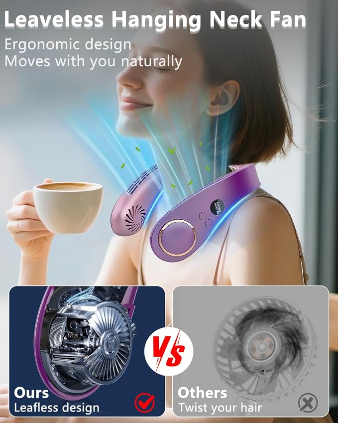 Neck Fan Air Conditioner,Cute Neck Cooling Fan with Metal Cool Plates,Quiet Wear around the Neck Fan,Headphones Long Life Neckband Unit Menopause Fan for Hot Flash Outside Outdoor Indoor Purple