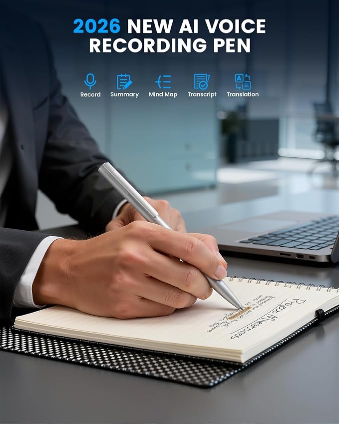 AI Voice Recorder Pen, 64GB Note Sound Recorder with Transcribe, Mind Mapping & AI Summary, Supports 103 Languages, Audio Activated Recorder for Lectures, Meetings, Calls