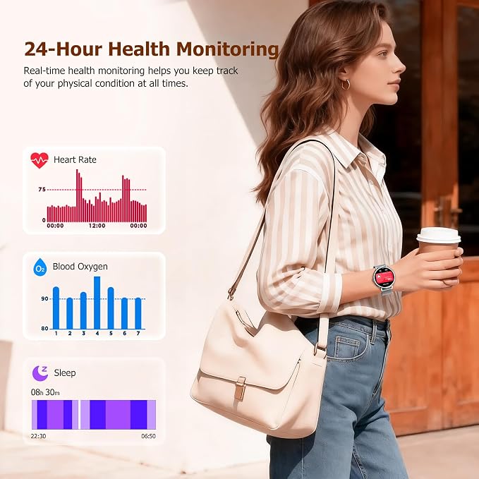 Smart Watches for Women Android / iPhone, 1.26" AMOLED Fitness Tracker with Bluetooth Calls, 8 Days Battery Life/Heart Rate Monitor/100+Sports Model, IP68 Waterproof Women's Smartwatches(2 Bands)