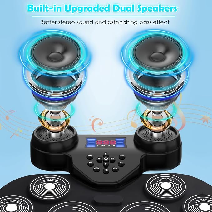 Electric Drum Set with 7-Color Dynamic LED Lights, 9-Pad Electronic Drum Set with Dual Speakers, Bluetooth MIDI, Portable Practice Drum Pad for Kids & Adult Beginners, Christmas Birthday Gift