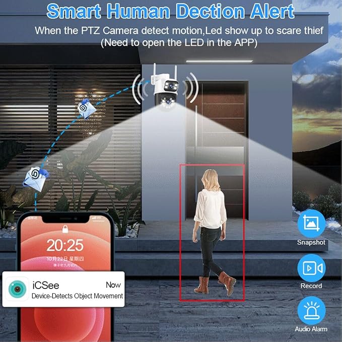 PTZ 2.4G/5G WiFi Outdoor security wireless 2X3MP Dual Lens Linkage Human Detect Pan tilt Digital zoom Auto Tracking Home Surveillance Camera 2-way audio 10M color night vision cable to outlet ICsee
