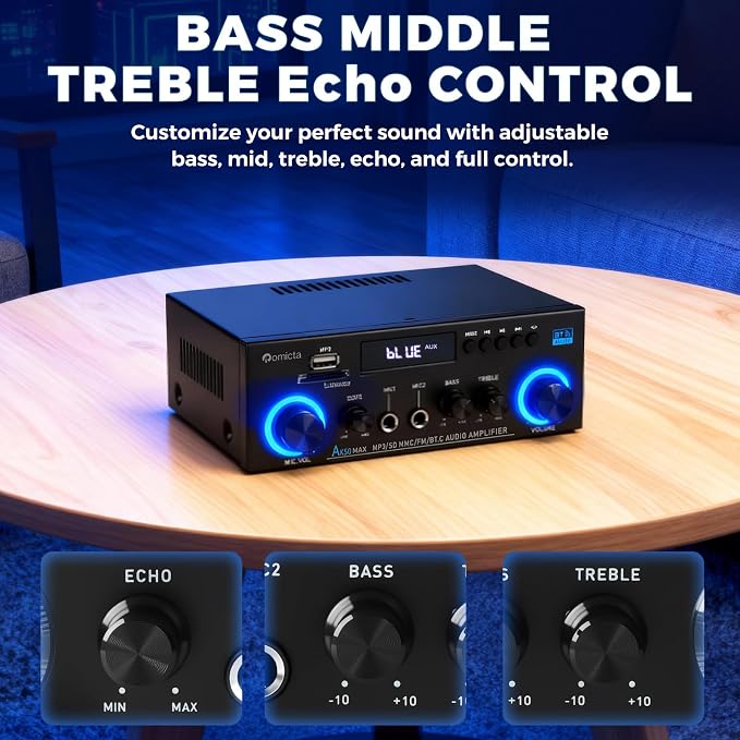 Romicta AK50MAX Stereo Audio Amplifier, Home Audio Stereo Receiver Bluetooth 5.0 with 400W 2.0 Channel FM Radio, Echo, USB, SD Card, AUX with Remote Control Home Theater Audio Stereo System