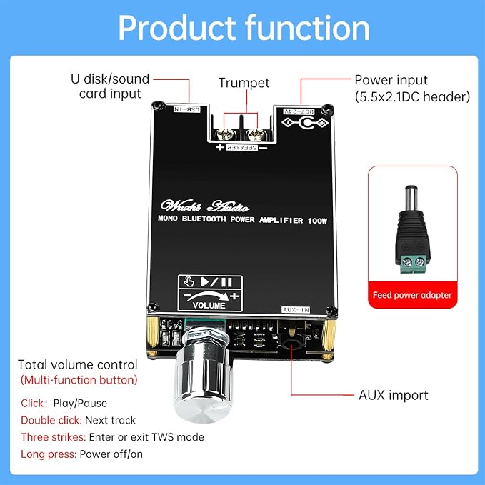 ZK-1001B Bluetooth Amp Board, 100W Power Output,BT 5.0 AMP Board for DIY Wireless Speakers AMP Module TPA3116 Board DC7-24V BT/AUX/USB Input for DIY Wireless Speakers TWS Amplifier Board