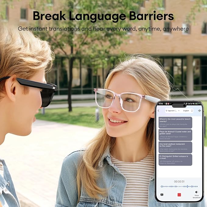 AI Smart Glasses, Bluetooth 5.4 Translation Glasses with 144 Language & Accents, Blue Light Filtering Lenses, Multifunctional Smart Glasses for Men Women, Travel Meeting Trade Business HY-C8Pro White