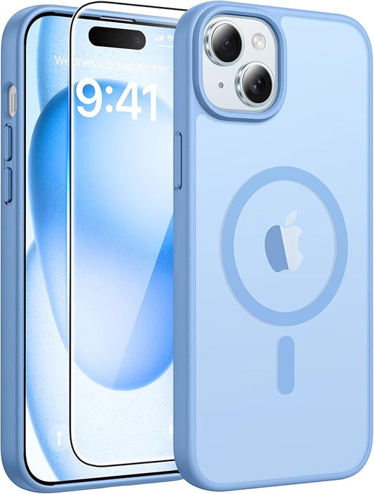 FNTCASE for iPhone 15 Case: for iPhone 14 & iPhone 13 Case [with Screen Protector] Magnetic Translucent Matte | Military Grade Drop Protection | Shockproof Phone Cover Protective Cases - Light Blue