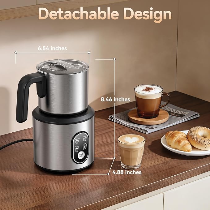 Milk Frother and Steamer, 4-in-1 Automatic Electric Milk Frothers, 24oz Detachable Stainless Steel Jug with Latte Art Spout, Hot & Cold Foam Maker for Coffee, Lattes, Cappuccinos