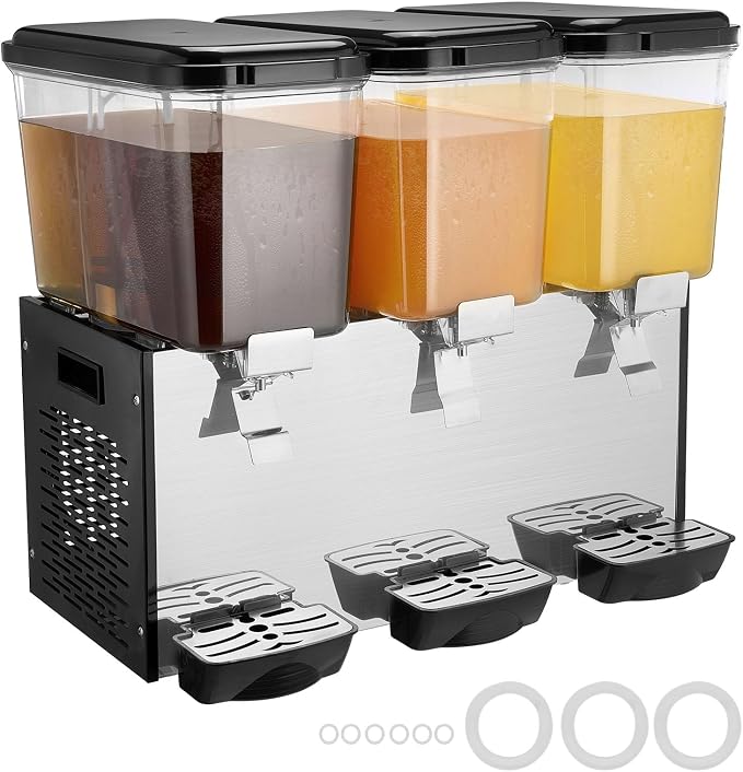 VEVOR Commercial Beverage Dispenser, 3 Tanks Juice Dispenser, 18 L / 19 QT Per Tank, 512W Stainless Steel Ice Tea Drink Machine with 45℉ to 54℉ Cooling Temp, for Cold Drink Restaurant Bar Party